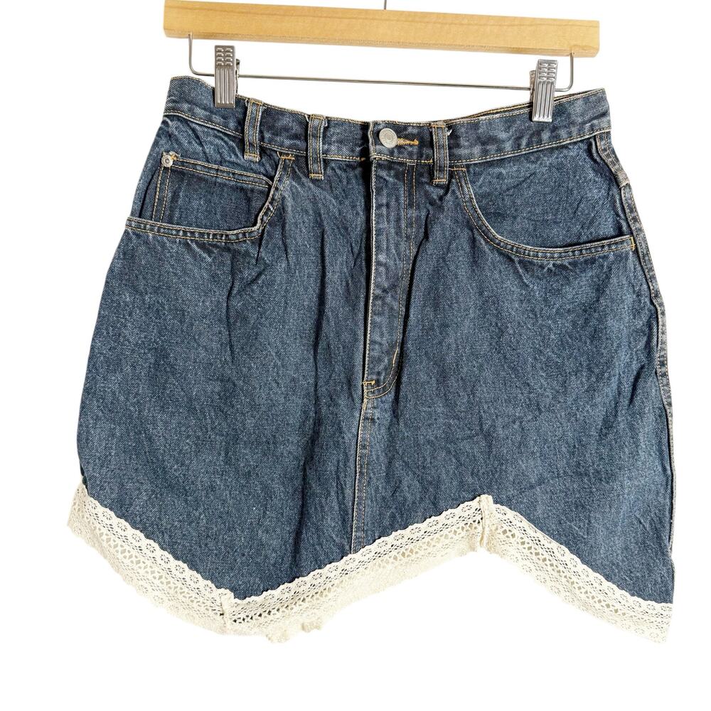 Jordache Blue Asymmetric Lace Hem Blue Denim Jean Mini Skirt Size 28